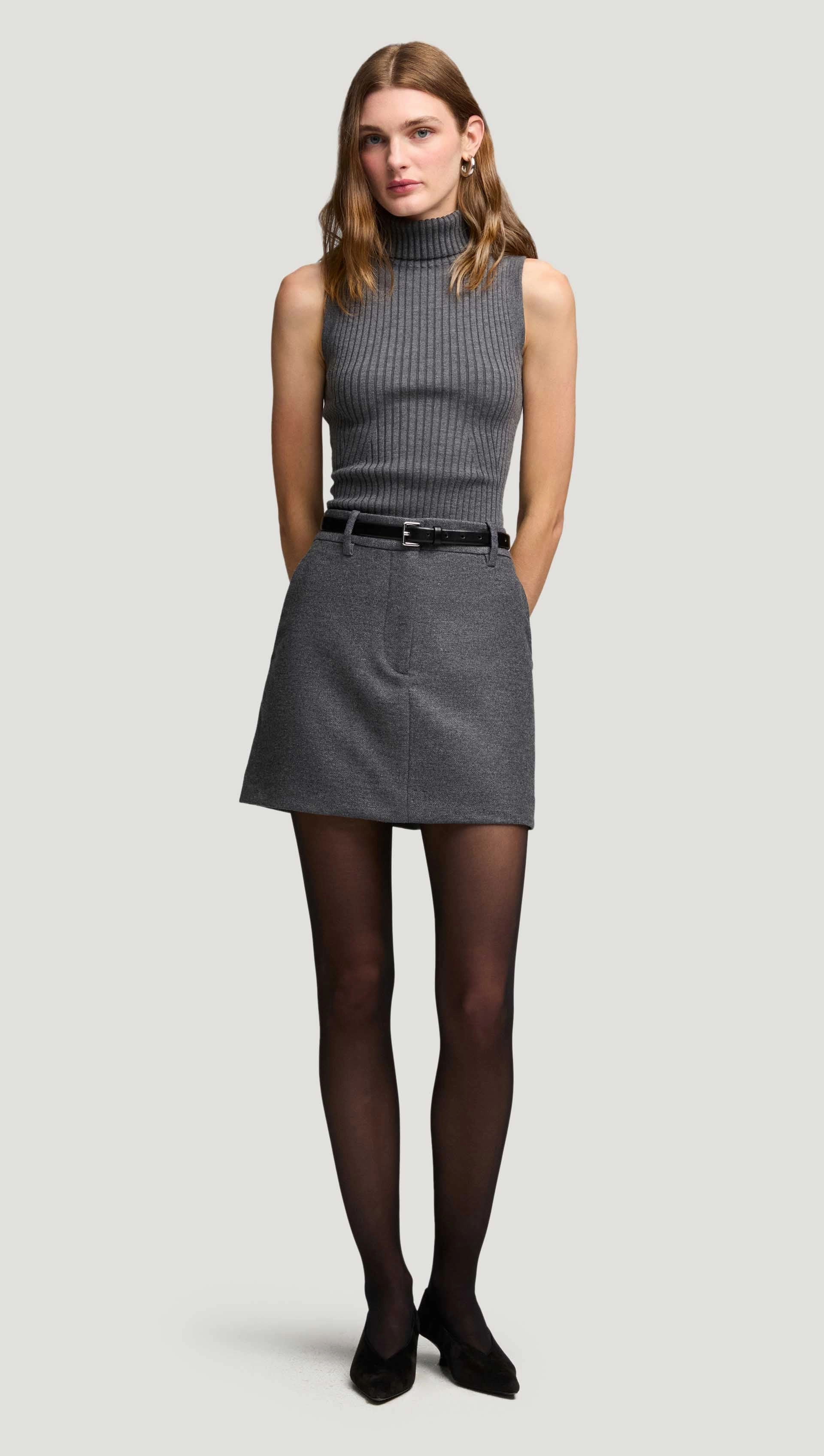 Outfit Mood Contemporary Mood Mini Tailored Skirt in Textured Wool | Grey Melange