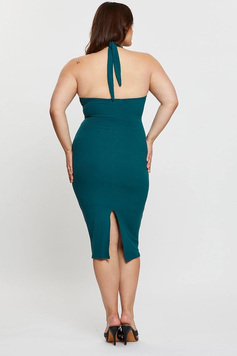 Green Midi Bodycon Dress Halter Jersey Elegant Waistband