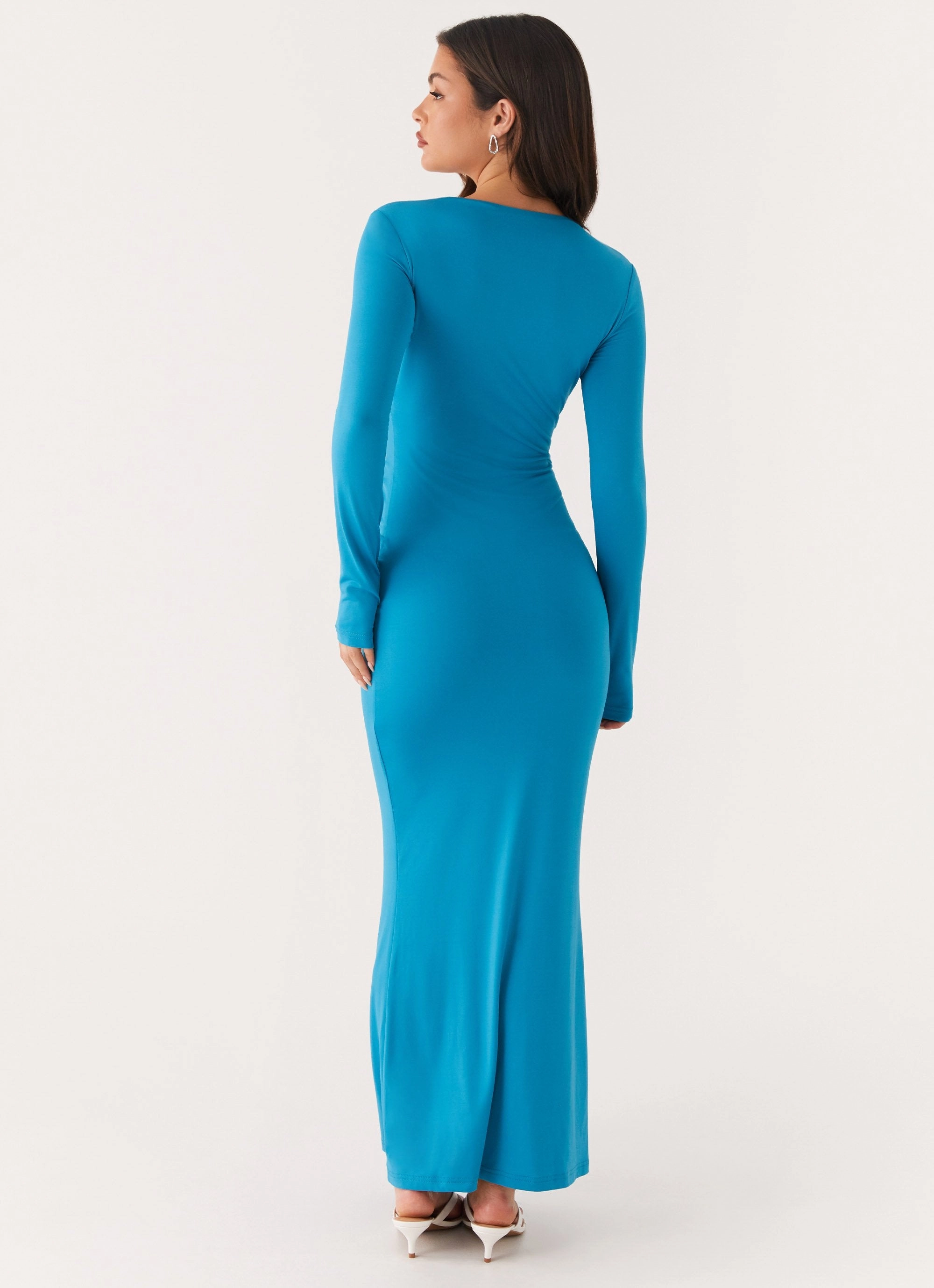 Miesha Long Sleeve Maxi Dress - Blue Soft Layering Elegant Waist Fit