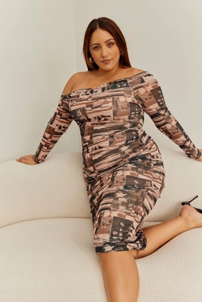 Essential Piece Multi Abstract Midi Dress Bodycon Mesh Off Shoulder
