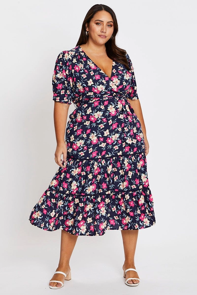 Clean Outfit Floral Print Short Sleeve Puff Sleeve Midi Dress