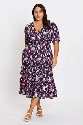 Floral Print Short Sleeve Puff Sleeve Midi Dress Cool Comfort
