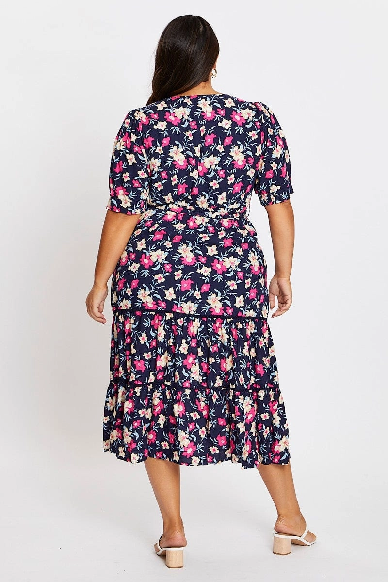 Floral Print Short Sleeve Puff Sleeve Midi Dress Modest Cut