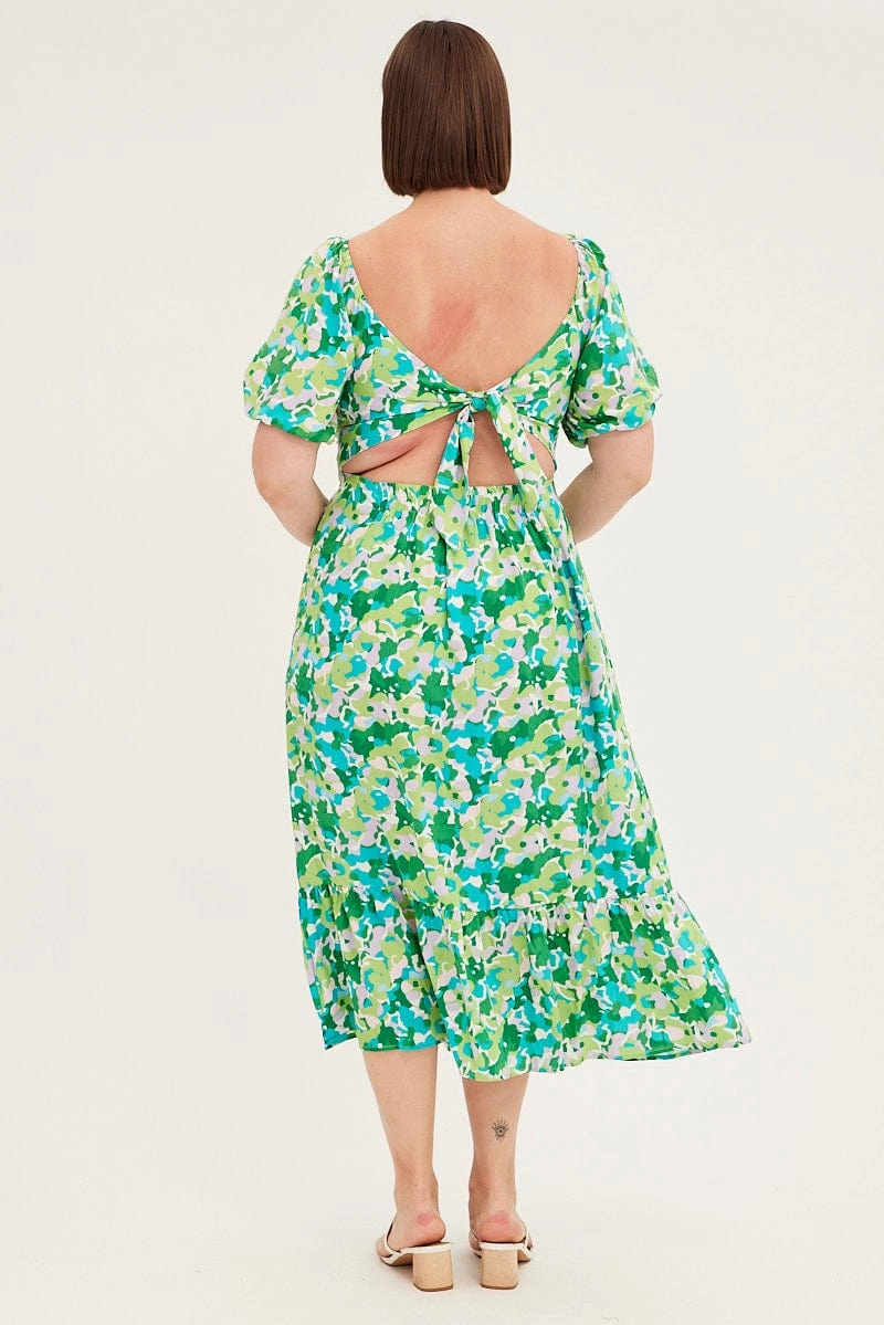 Chic Appeal Effortless Style Green Floral Midi Dress Puff Sleeve Tie Front Rayon