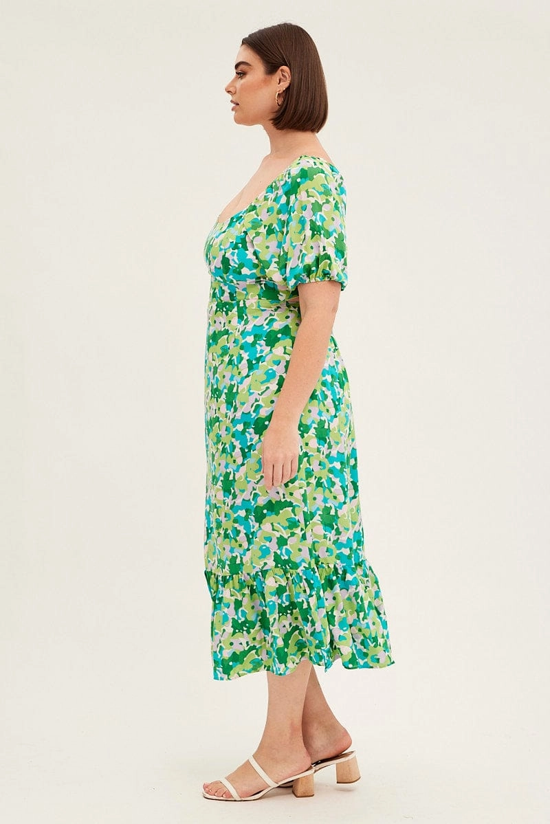 Fashionable Fit Green Floral Midi Dress Puff Sleeve Tie Front Rayon
