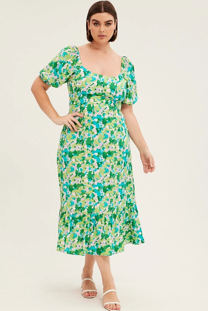 Side Slit Green Floral Midi Dress Puff Sleeve Tie Front Rayon