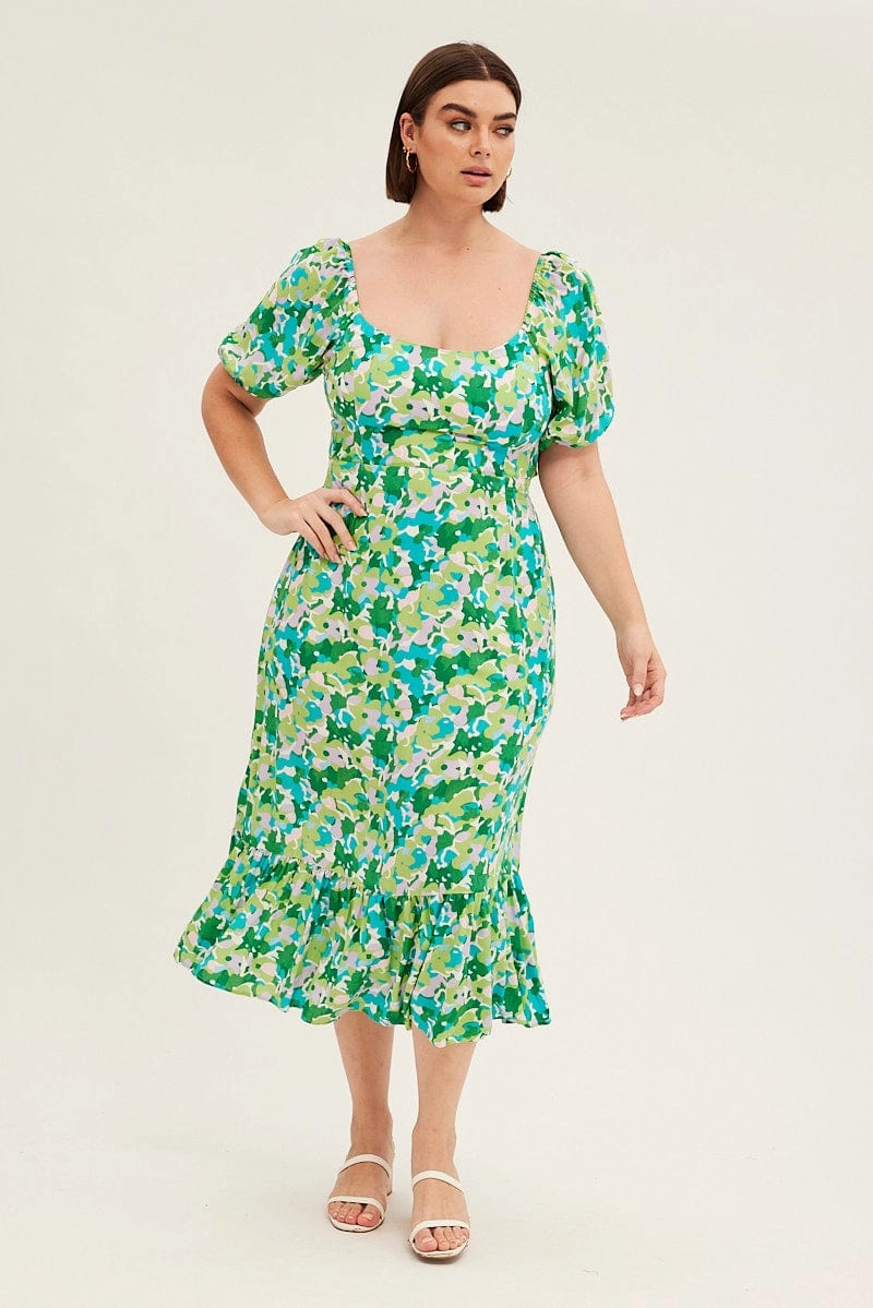 Green Floral Midi Dress Puff Sleeve Tie Front Rayon Linen Vibe Breezy Mood