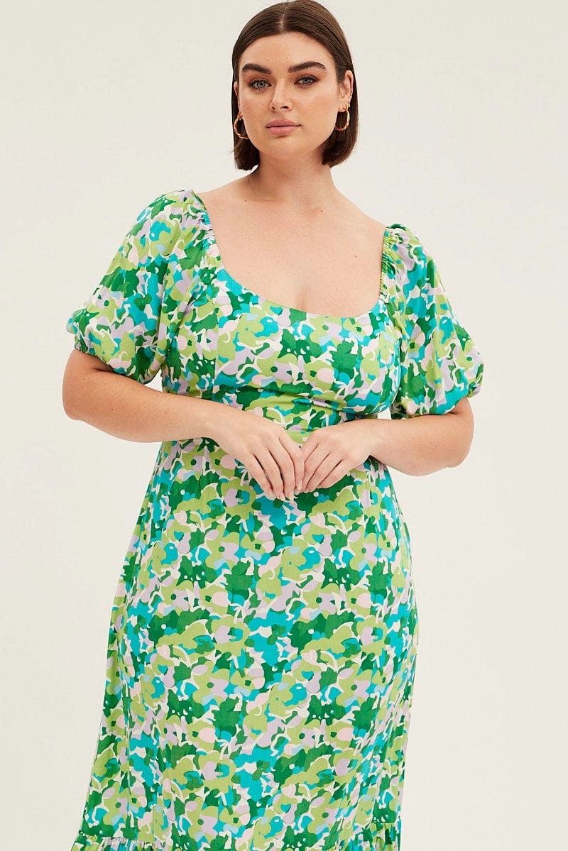 Green Floral Midi Dress Puff Sleeve Tie Front Rayon Zip-Closure Inner Glow