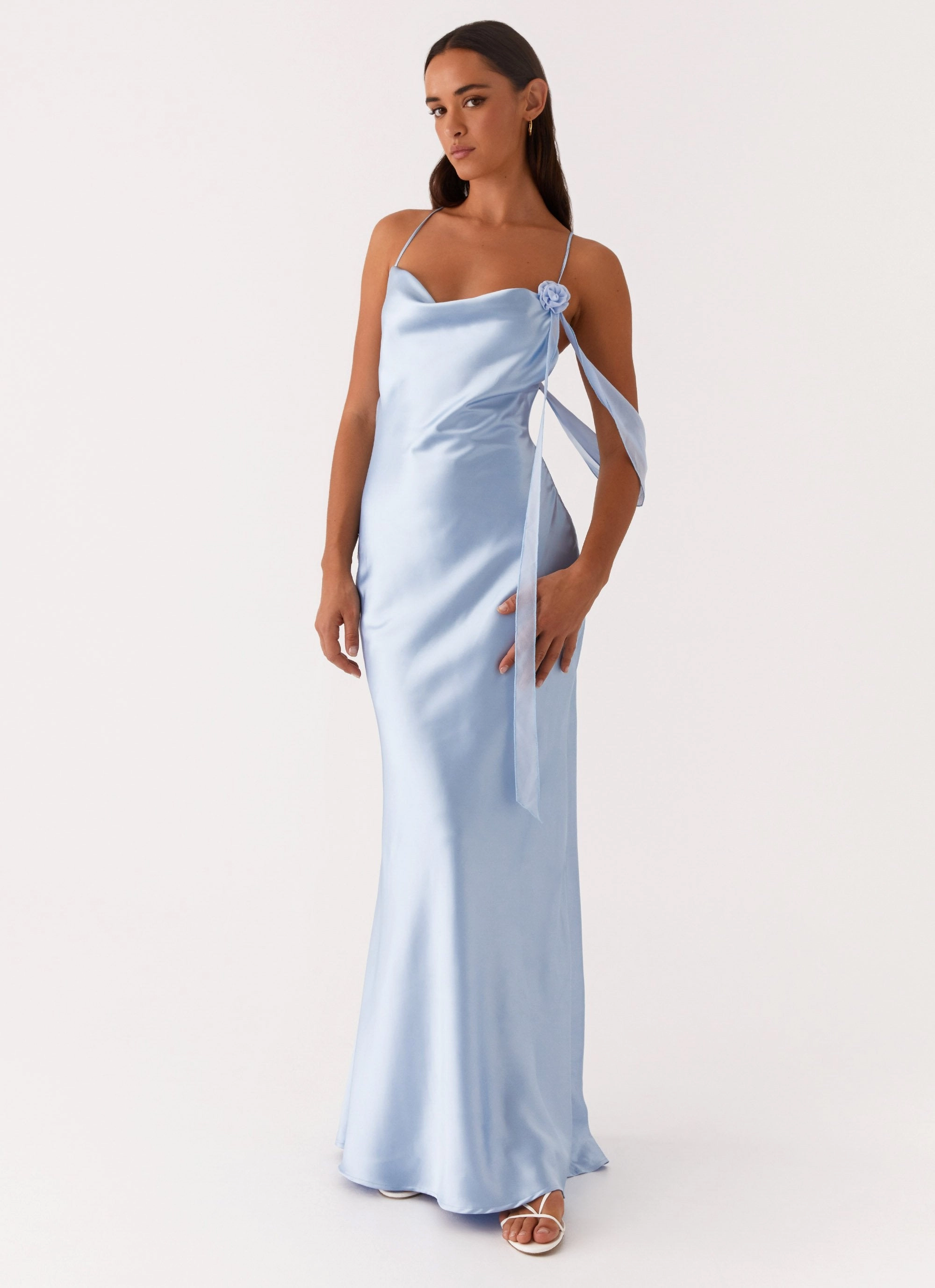 Too Sweet Satin Maxi Dress - Blue Chill Lines Chic And Comfortable