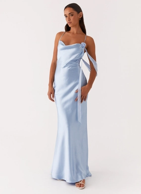 Too Sweet Satin Maxi Dress - Blue Chill Lines Chic And Comfortable