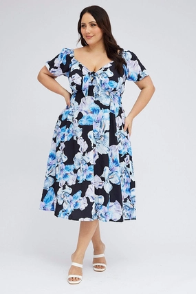 Eye Appeal Black Floral Midi Dress Tie Front Puff Sleeve