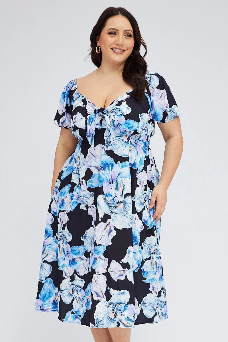 Black Floral Midi Dress Tie Front Puff Sleeve Soft Fabric All-Day Comfort Wear