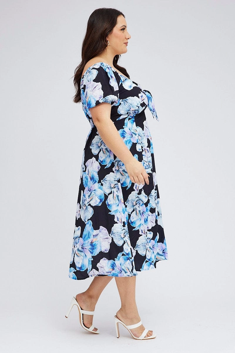 Black Floral Midi Dress Tie Front Puff Sleeve Skin-friendly Rhinestone-Detail