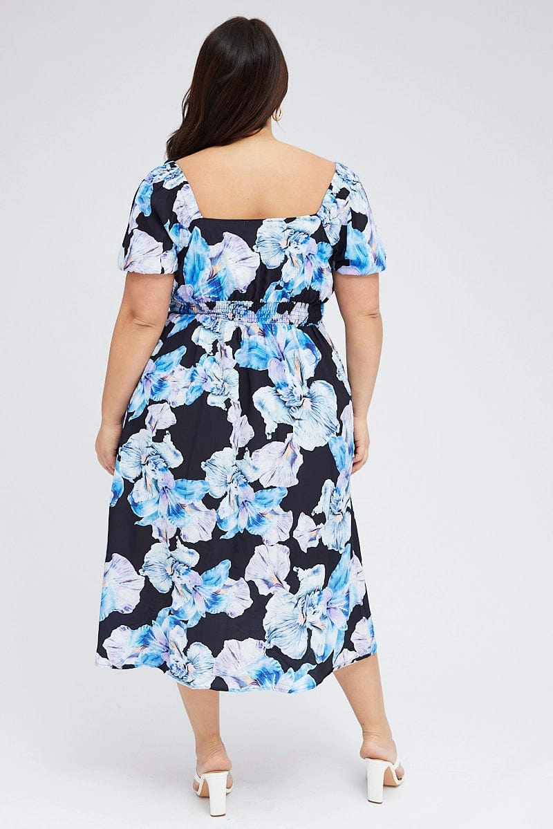 Black Floral Midi Dress Tie Front Puff Sleeve Feminine Layers