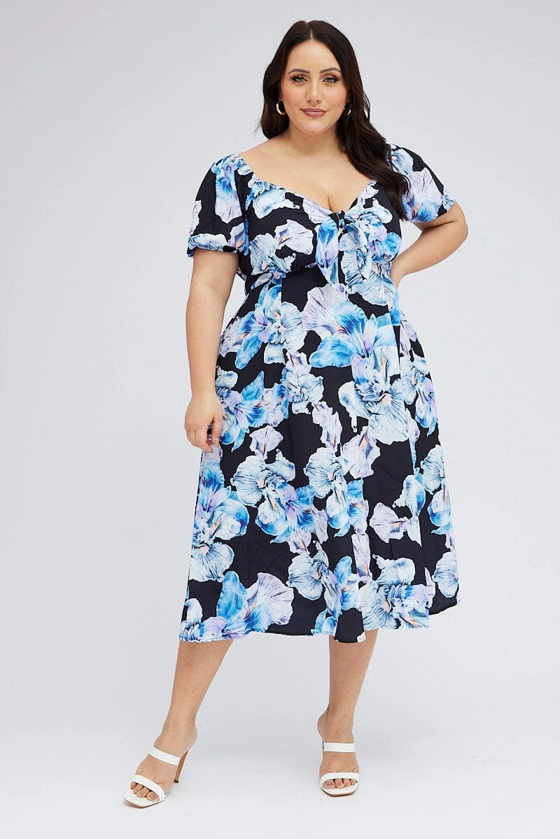 Cool Tone Black Floral Midi Dress Tie Front Puff Sleeve