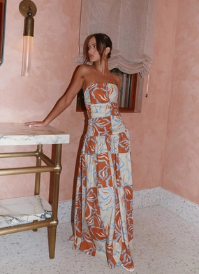 Carmel Maxi Dress - Orange Blue Floral Warm Palette