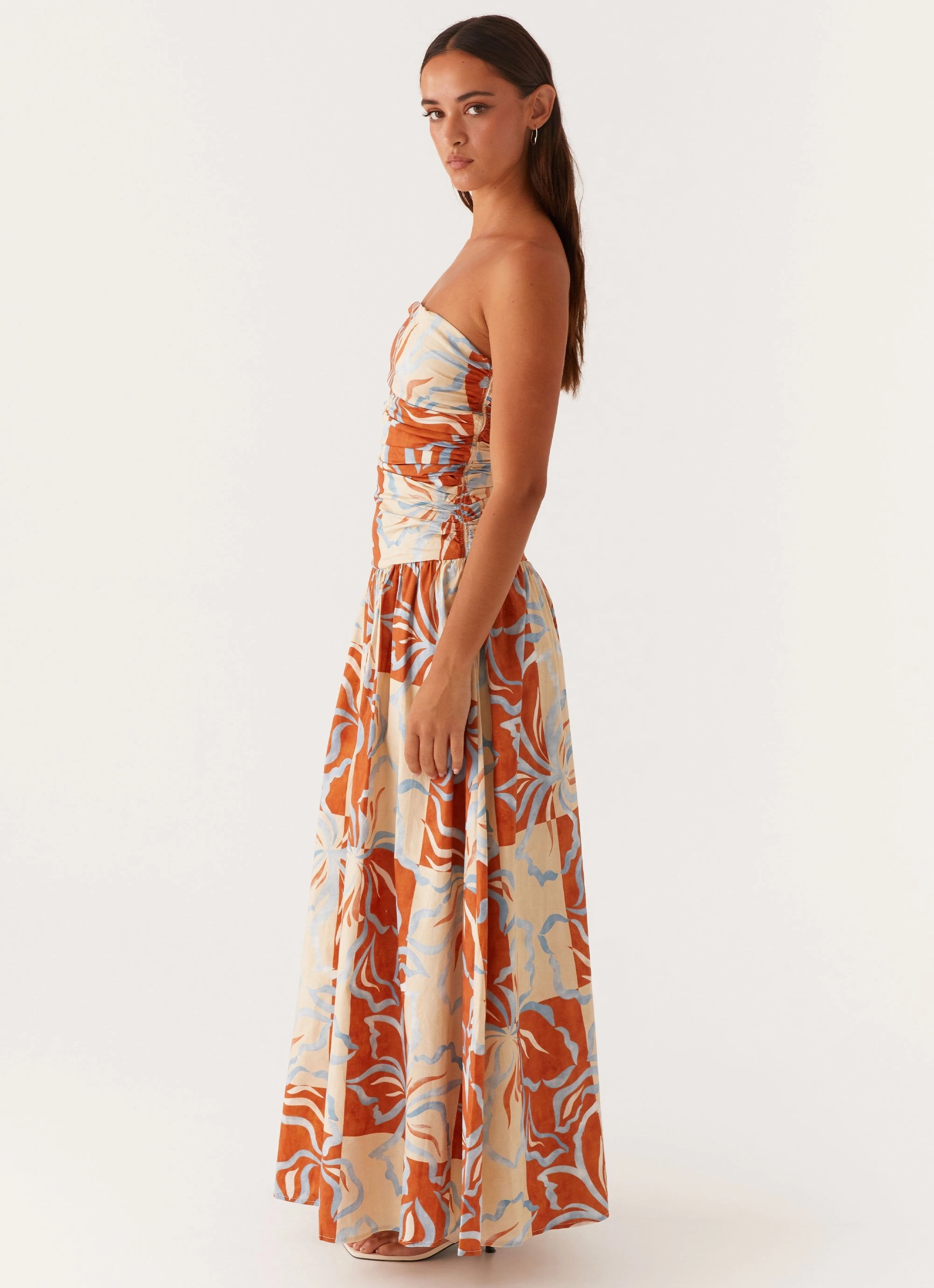 Underwire-Support Blush Shade Carmel Maxi Dress - Orange Blue Floral