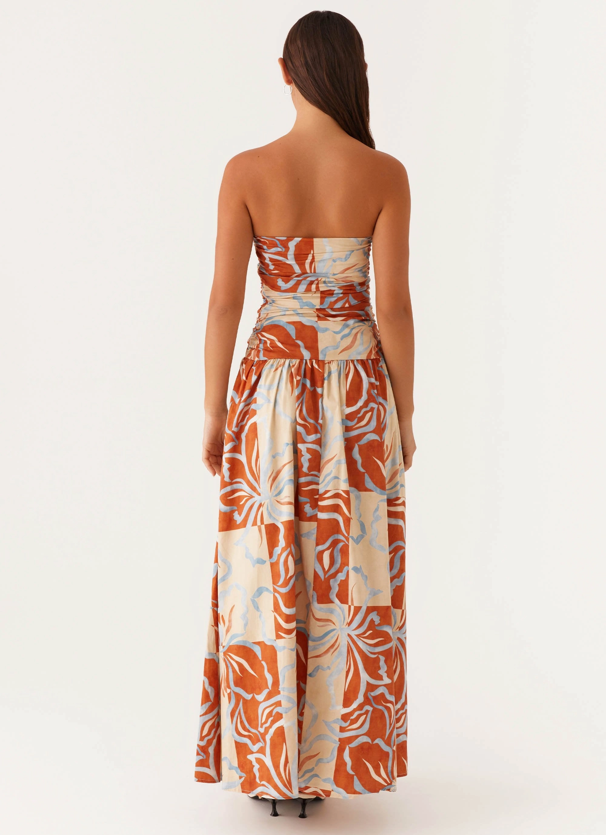 Carmel Maxi Dress - Orange Blue Floral Smart Tailoring Flowing Design
