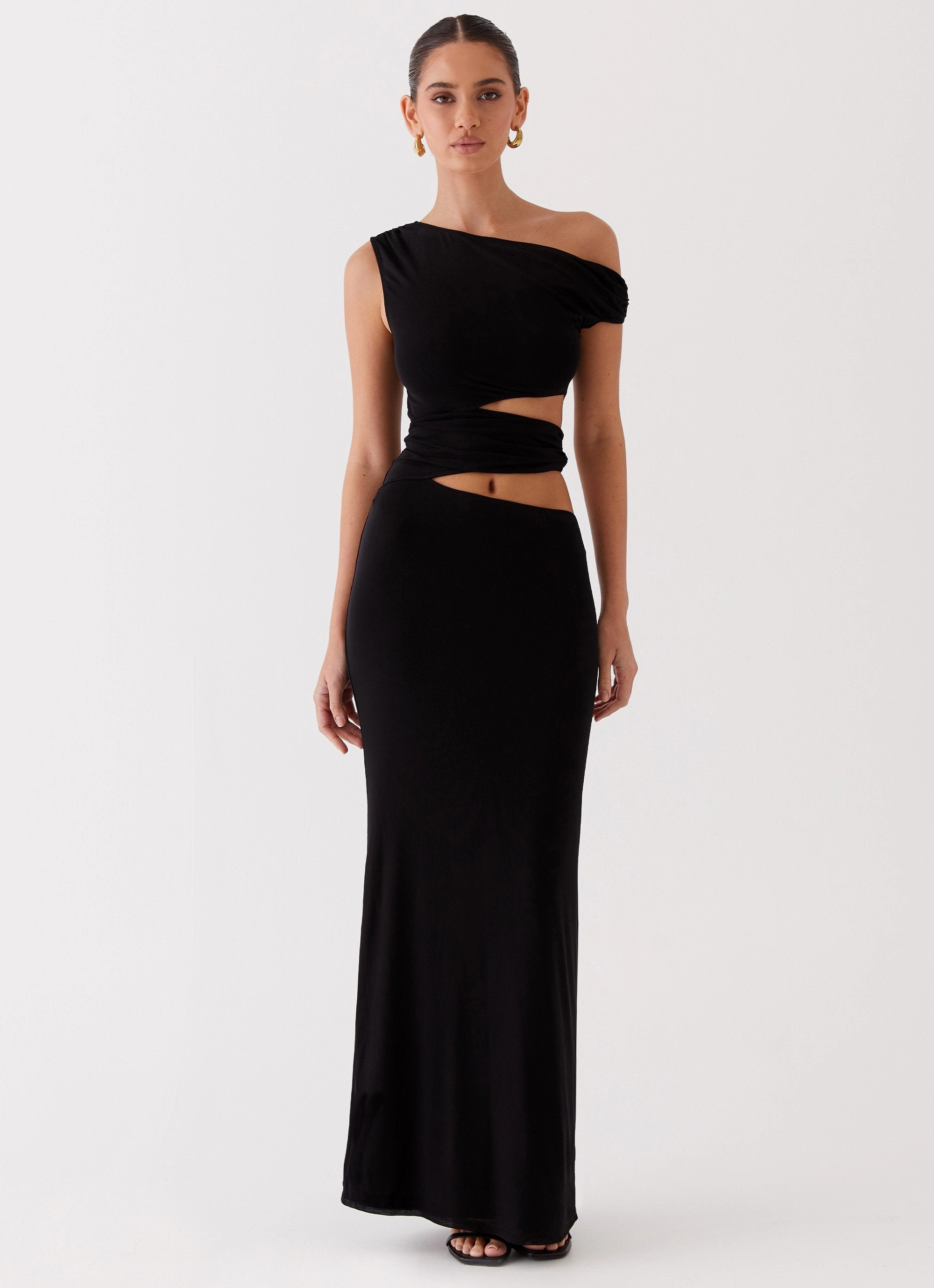 Invisible-Zip Margot One Shoulder Maxi Dress - Black