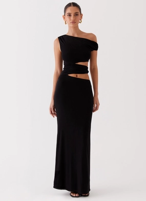 Invisible-Zip Margot One Shoulder Maxi Dress - Black