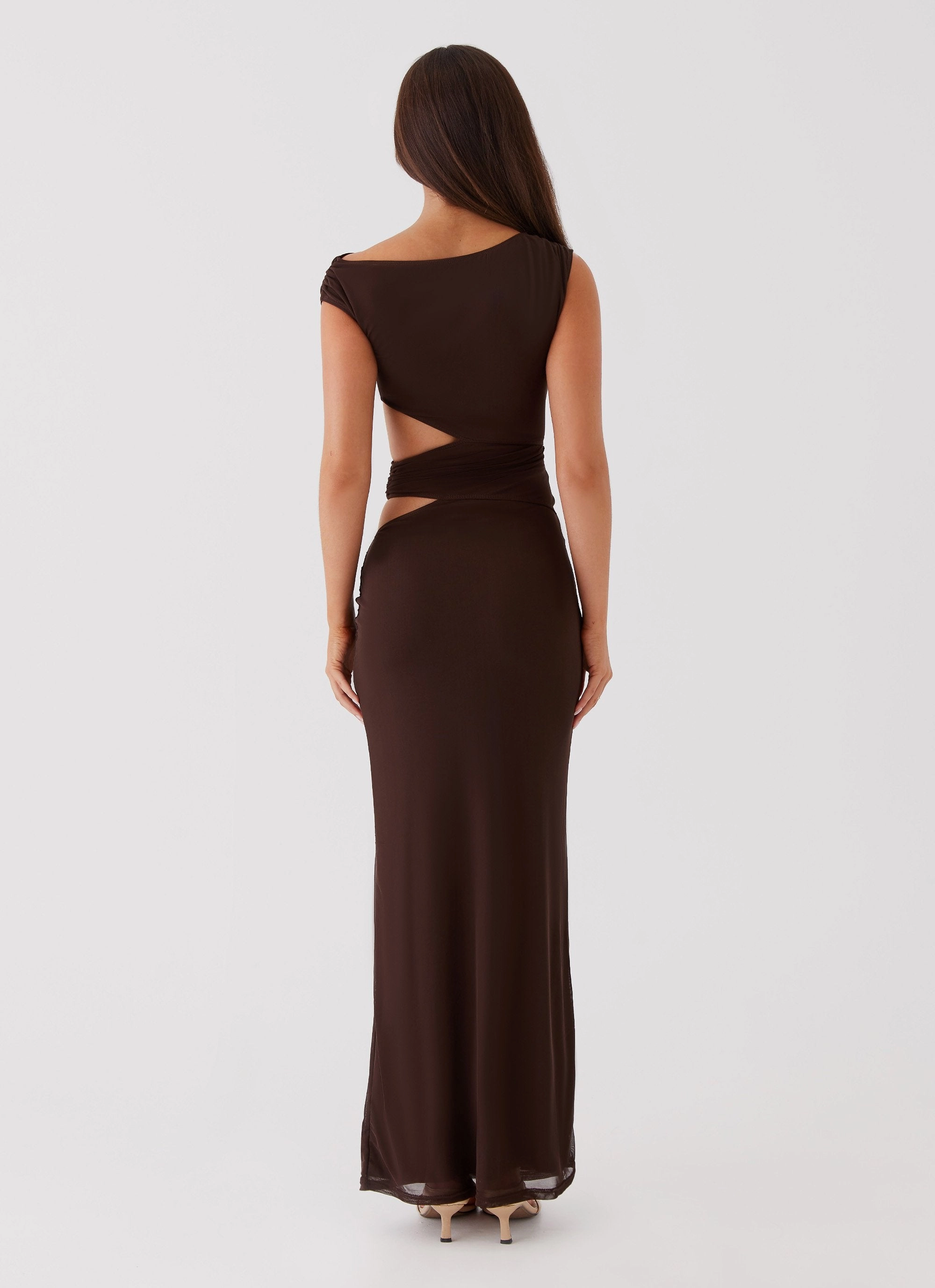 Abstract Pattern Lace-Edge Margot One Shoulder Maxi Dress - Chocolate