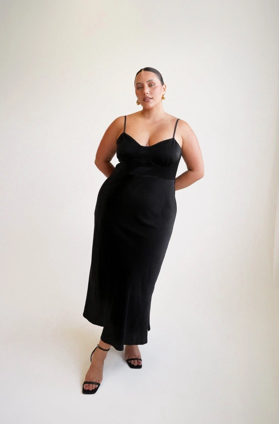Raw-Hem MARGOT SILKY SLIP MIDI DRESS BLACK