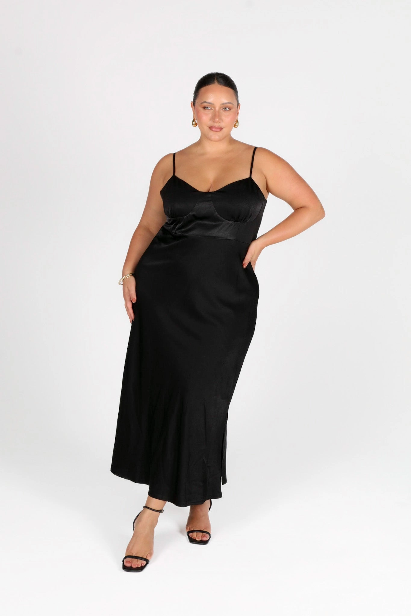 MARGOT SILKY SLIP MIDI DRESS BLACK Printed-Fabric Sleek and Simple