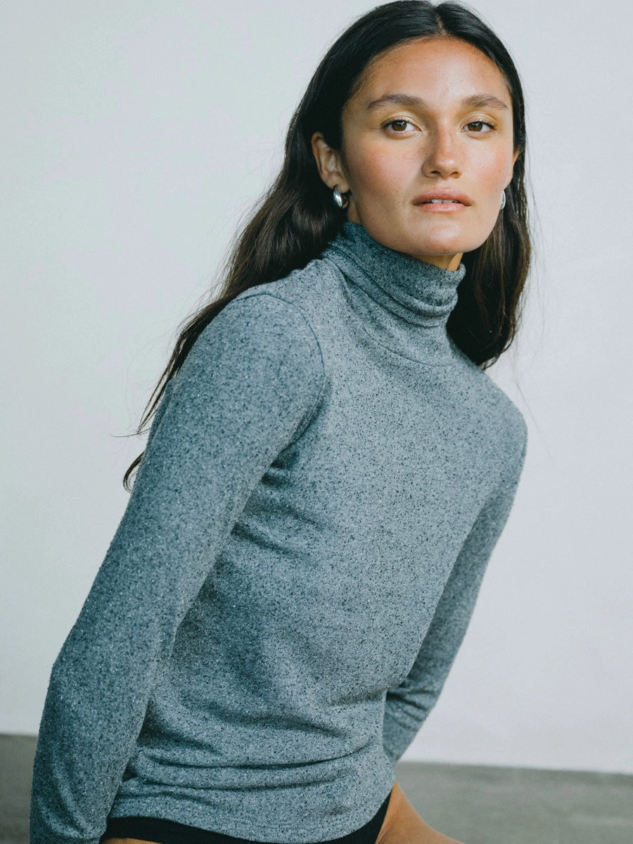 Quick Dry Fabric Marianne Turtleneck, Regen Silk Noil Jersey, Charcoal Heather