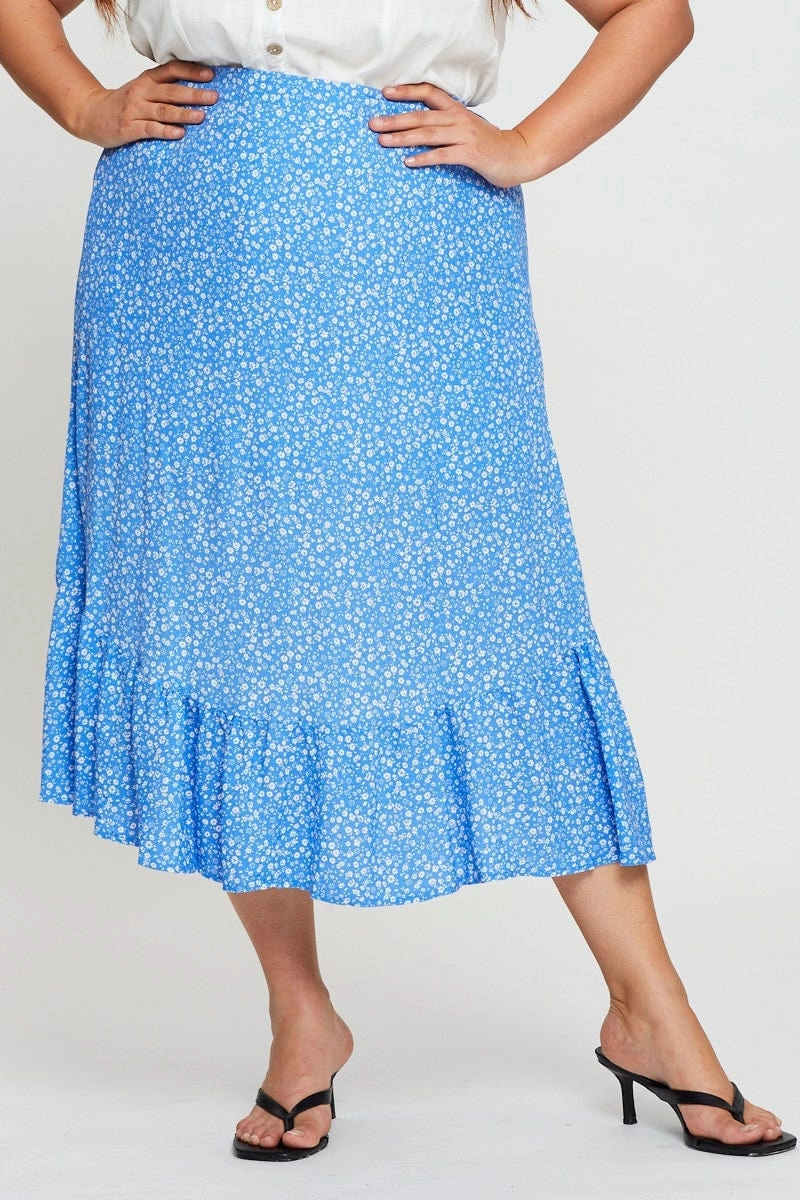 Floral Print Midi Skirt Elastic Waist Matching Belt Matte Finish