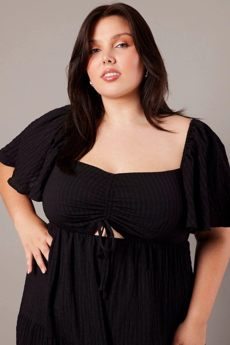 Black Midi Dress Short Sleeve Textured Sleek Touch