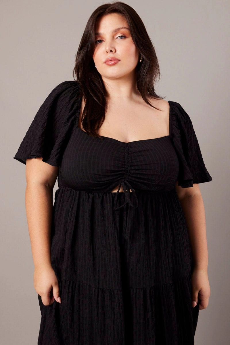 Mood Flex Black Midi Dress Short Sleeve Textured