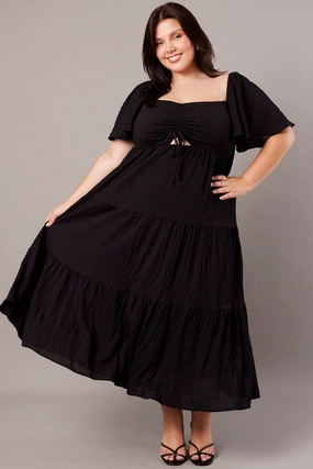 Black Midi Dress Short Sleeve Textured Simple yet sophisticated gown Minimalist Fit
