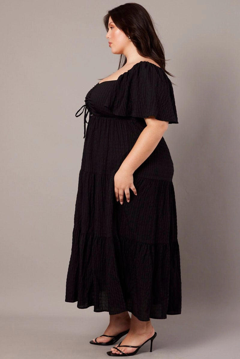 Black Midi Dress Short Sleeve Textured Unisex Option Luxe Appeal