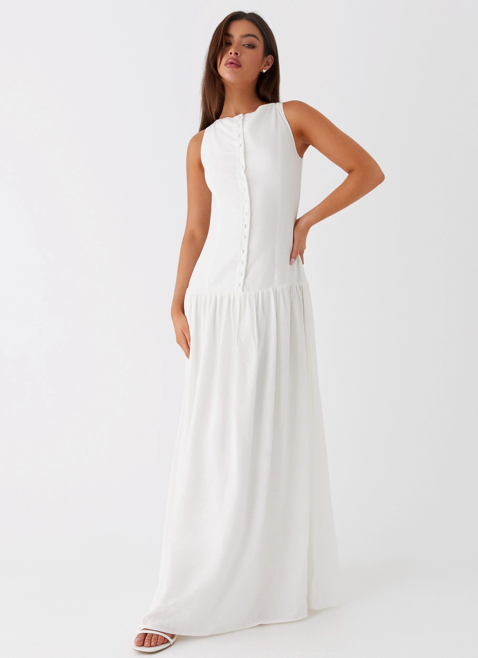 Meggie Linen Maxi Dress - White Lounge Texture Olive Fresh