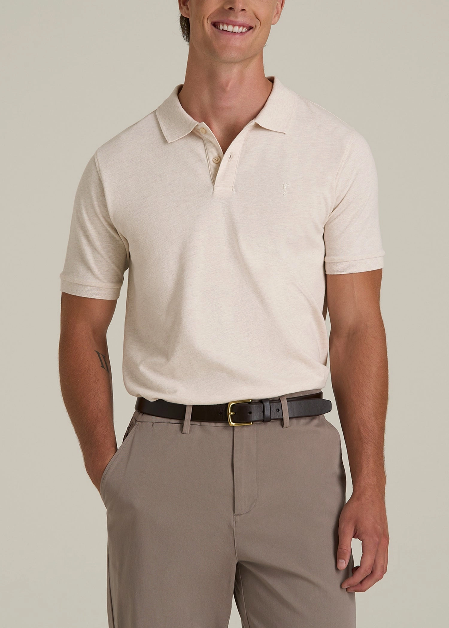 Men's Tall Classic Polo with Embroidered Logo in Heathered Oatmeal Cool Comfort Versatile Wardrobe