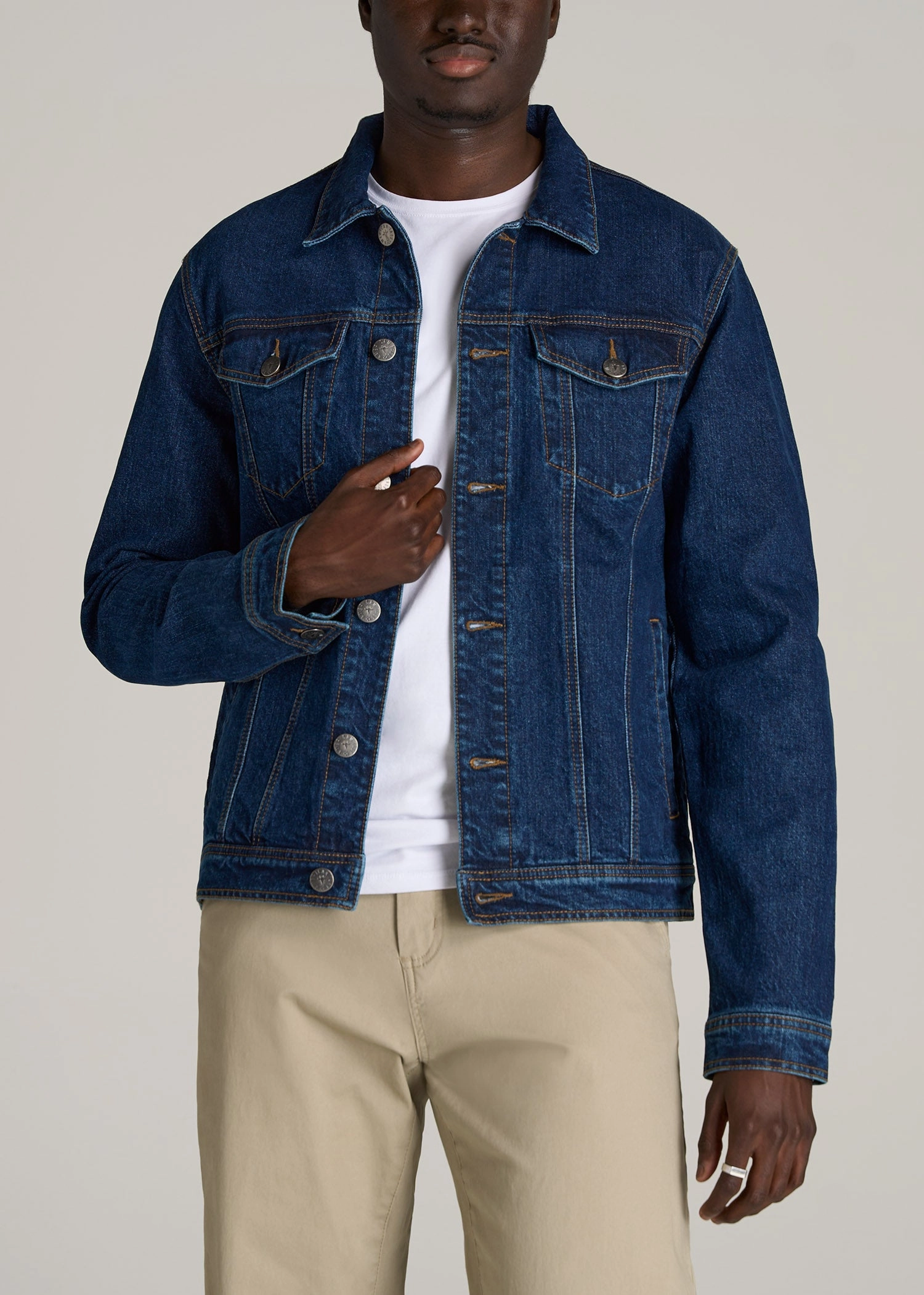 Men's Tall Denim Trucker Jacket in Mid Ocean Blue Roll Up Hood