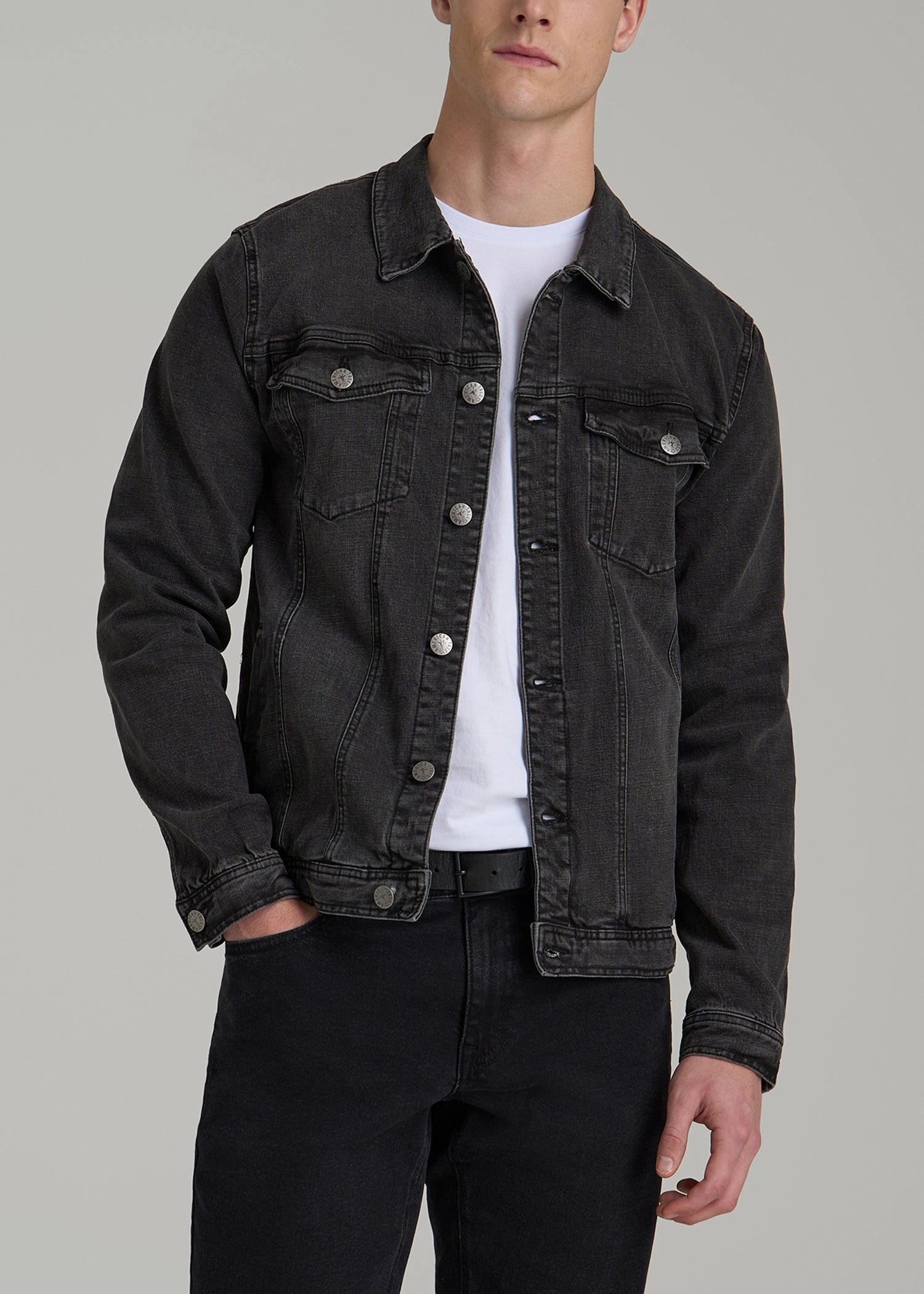 Odor Control Treatment Packable design Men's Tall Denim Trucker Jacket in Washed Black