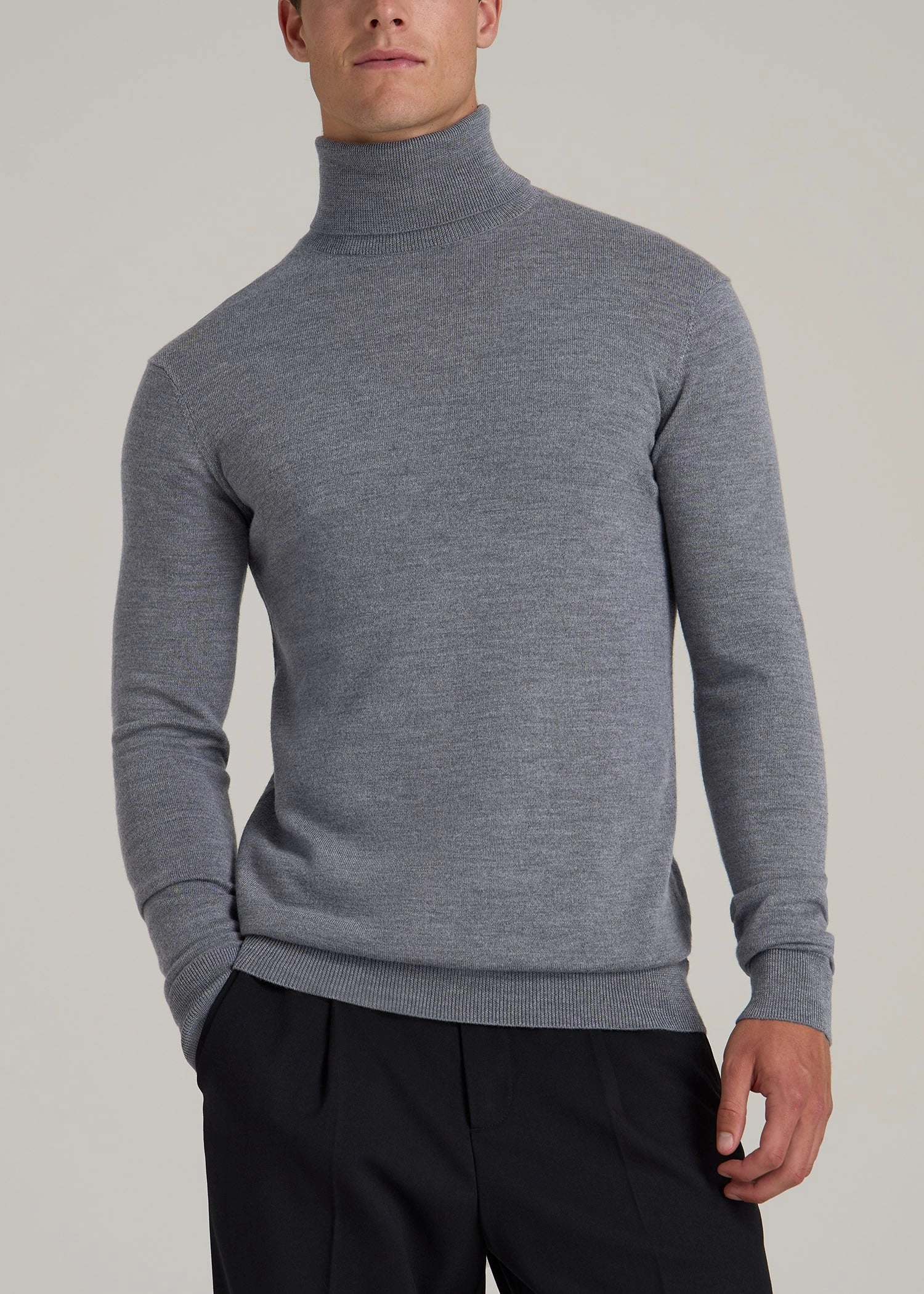 Essentials Wear Merino Wool Turtleneck Sweater for Tall Men in Grey Mix