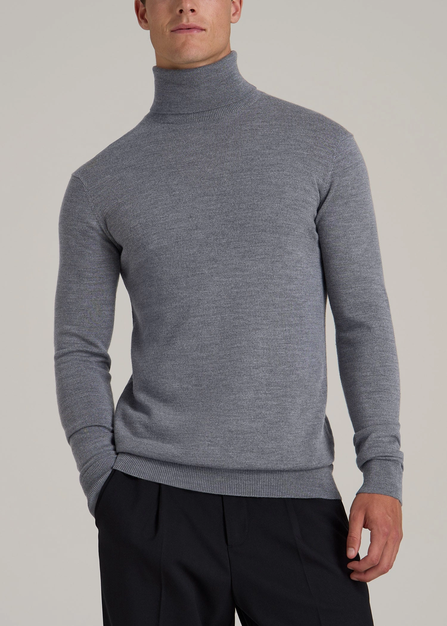 Cozy Fashion solo wear Merino Wool Turtleneck Sweater for Tall Men in Grey Mix
