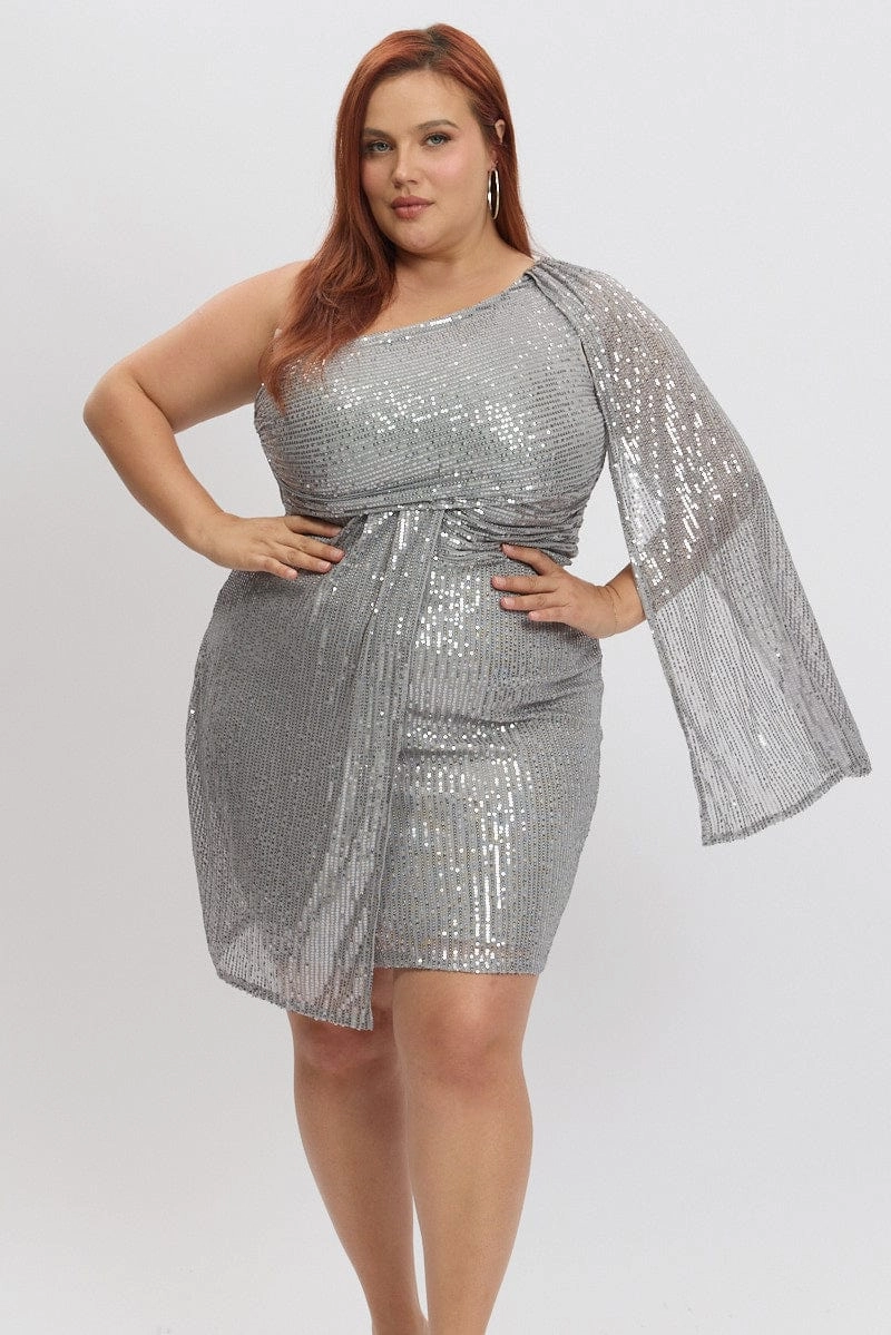Calm Tone Metallic Draped Sequin One Shoulder Minidress