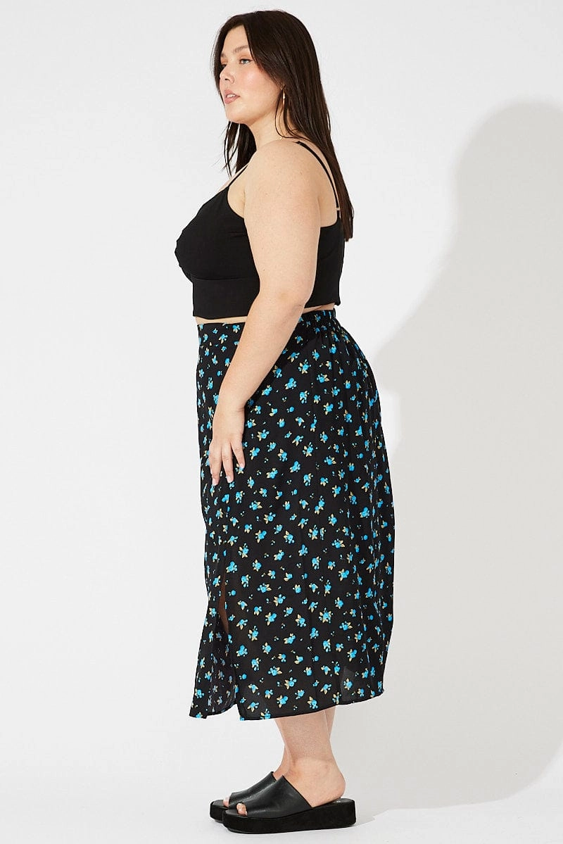 Black Ditsy Split Front Midi Skirt Ditsy Print Light Mood Built In Shorts