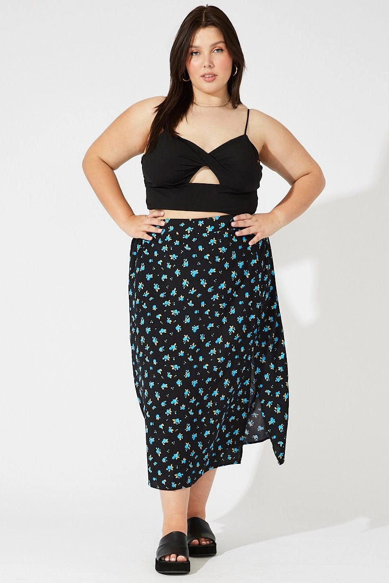 Sharp Look Black Ditsy Split Front Midi Skirt Ditsy Print