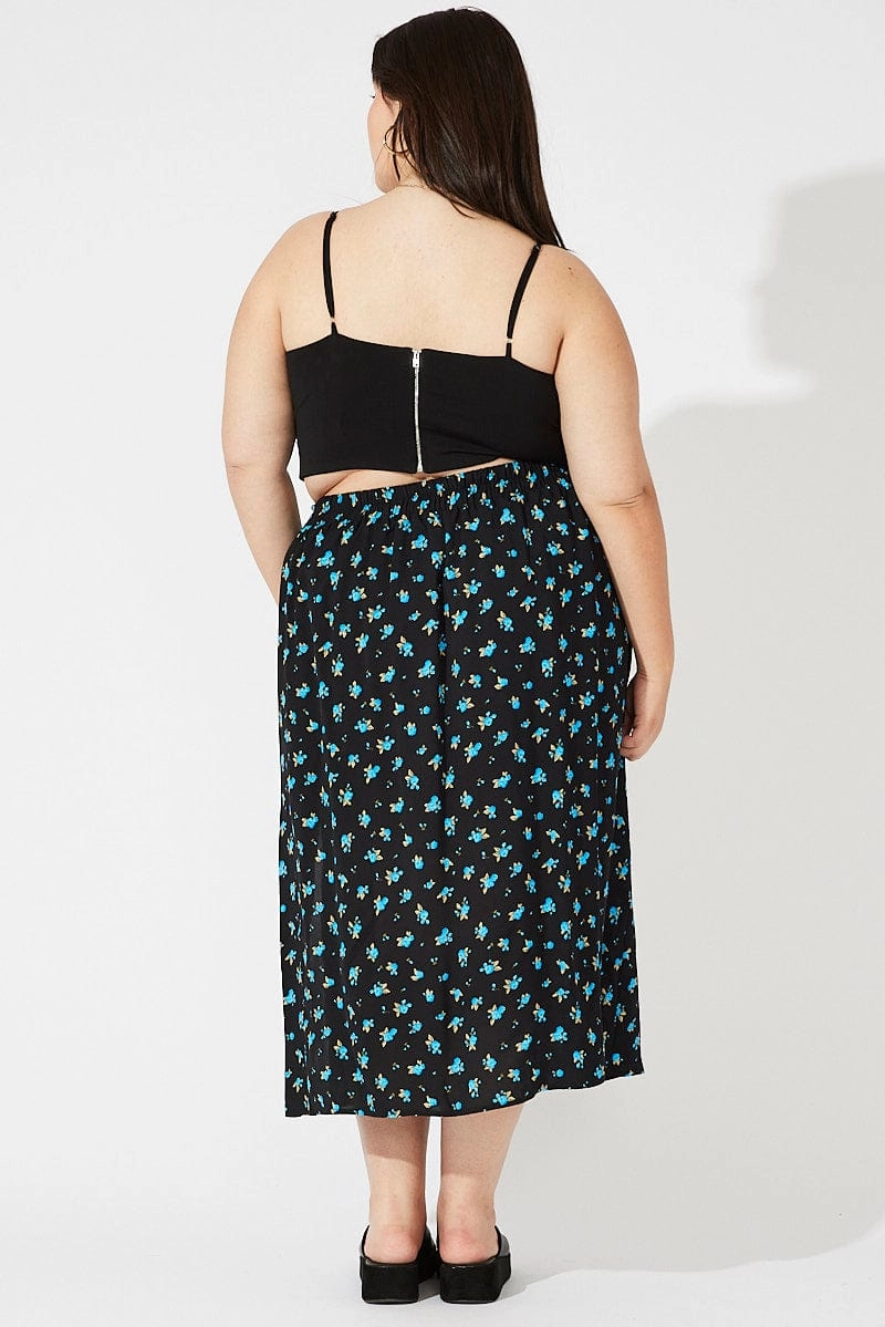 Black Ditsy Split Front Midi Skirt Ditsy Print Hidden Zipper Easy Motion