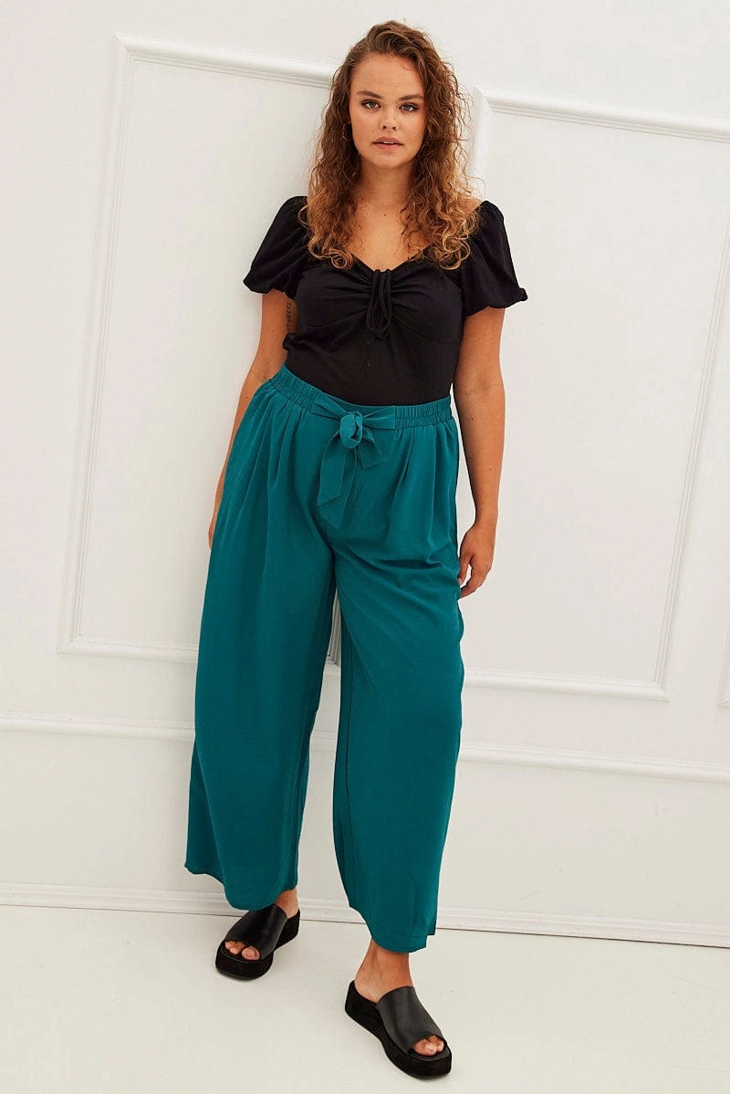 smooth zipper Urban Comfort Green High Waist Wide Leg Crepe Pants