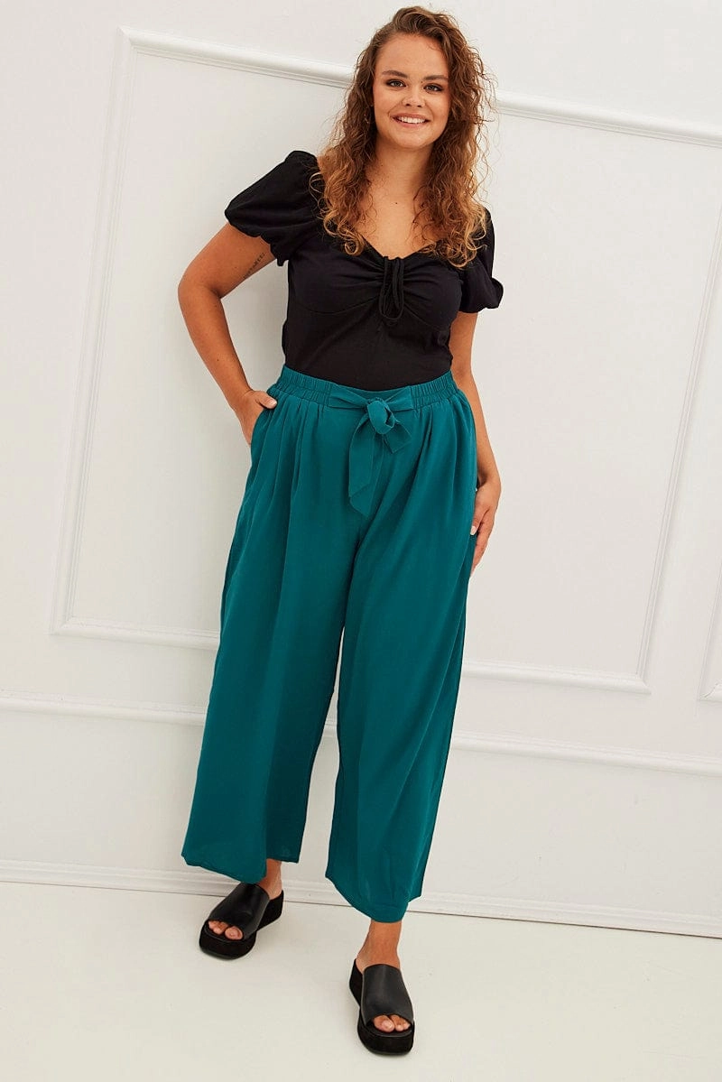 Green High Waist Wide Leg Crepe Pants Functional fashion wear Long Wear