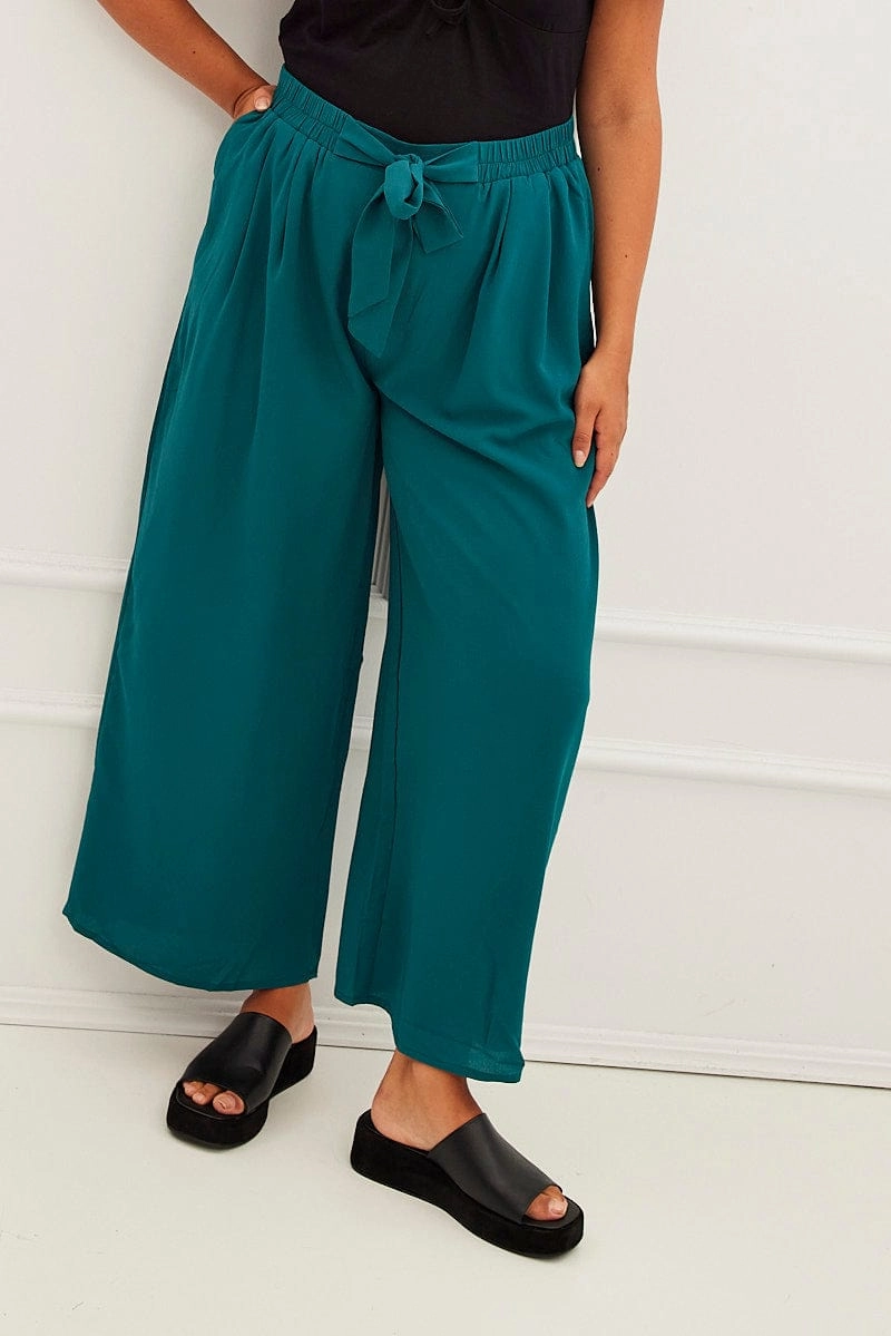 Green High Waist Wide Leg Crepe Pants Moisture control