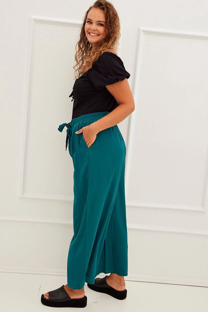 Green High Waist Wide Leg Crepe Pants Long Use Quick Move