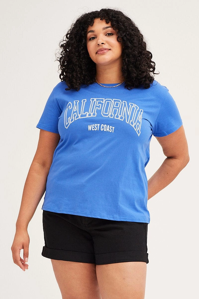 Urban Streetwear Mid Blue Graphic Short Sleeve Regular T-shirt