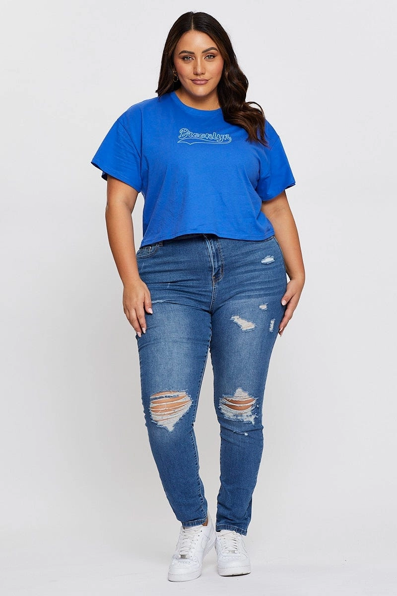 Relax Comfort Style Fun and Playful Mid Blue Graphic T-shirt Brooklyn Crew Neck Short Sleeve