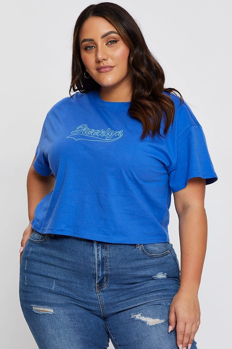 Comfy Stretch Breathable knit Mid Blue Graphic T-shirt Brooklyn Crew Neck Short Sleeve